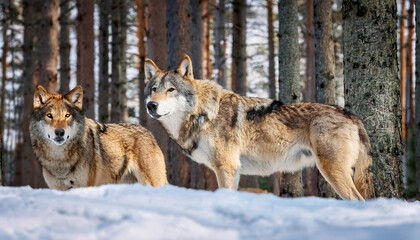 Obraz premium Pack of Wolves in a Snowy Forest