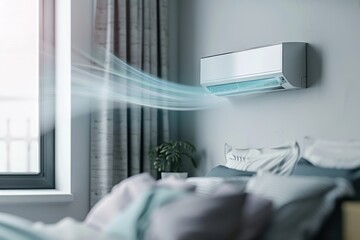 Modern AC unit cooling room with bluish air stream, close-up