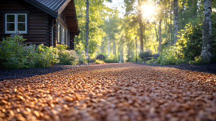 A Serene Woodland Landscape Showcasing the Timeless Beauty of Rustic Wood Chips and a Charming Log Cabin