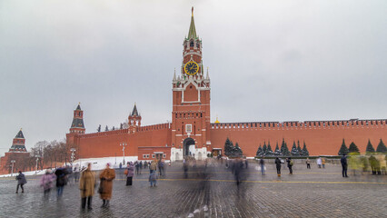 View of The Saviour Spasskaya Tower timelapse hyperlapse and Kremlin walls of Moscow Kremlin,...
