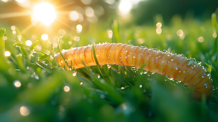 Naklejka premium Fascination with Nature: A Spinochordodes Tellinii Worm Glimmering Under Sunlight Amongst Wild Grass