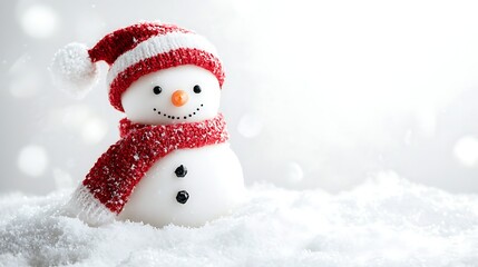 Fototapeta premium Charming Snowman Dressed in Festive Red Scarf and Hat Surrounded by a Blanket of Fresh Snow, Creating a Magical Winter Wonderland Atmosphere