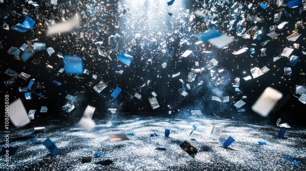 Poster a dynamic scene of floating debris illuminated by beams of light in a dark environment.