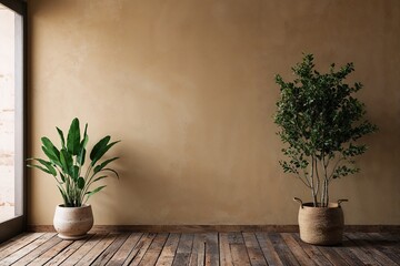 Fototapeta premium Warm Beige Walls Rustic Flooring and Elegant Plants for Effective Marketing Spaces
