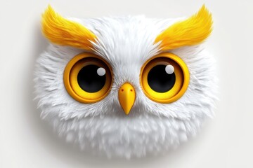 Obraz premium A cute, fluffy cartoon owl face features large, expressive eyes and bright yellow accents, This whimsical image can be used for children's books, educational materials, or playful branding,