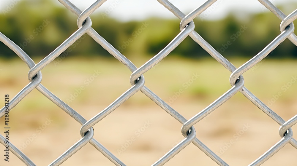 Poster close-up view of a textured chain-link fence with a soft, blurred natural background highlighting it
