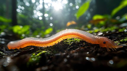 Naklejka premium A Captivating Display of Graceful Nematomorpha Worms on Lush Moss in a Mystical Forest Setting