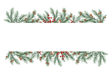 Cheerful and festive Christmas card border template. Winter holiday frame with pine branches, greenery, red berries, isolated. Watercolor winter greenery frame, Christmas card template. Hand painted