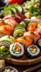 Colorful sushi roll assortment with salmon, avocado, cucumber, and toppings