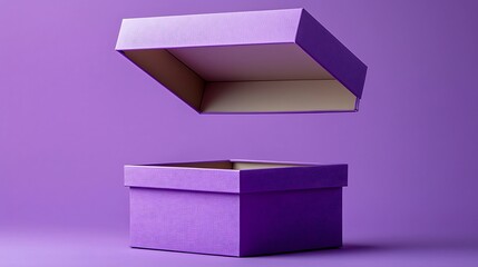 Purple Box with Lid Opened Against a Purple Background, Minimalist Style, Ideal for Gift Presentation or Creative Design Concepts