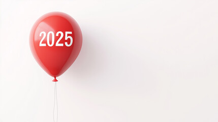 Buon 2025. Palloncino rosso con la scritta 2025 su sfondo bianco. Spazio per testo o messaggio.