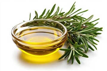 A close-up of aromatic rosemary leaves next to a glass bowl filled with golden oil, perfect for culinary, wellness, or herbal product presentations, Ideal for blogs, recipes