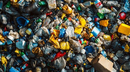 Fototapeta premium A cluttered heap of various plastic waste and garbage, highlighting environmental pollution.