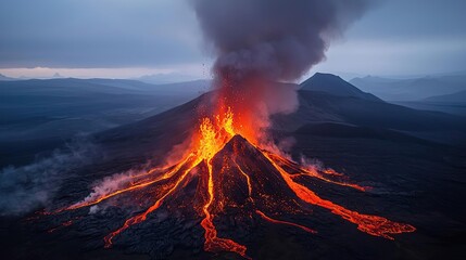 Fototapeta premium Active volcano erupting with lava flows against a dramatic sky.