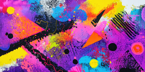 Vibrant abstract fluid art with geometric textures in an energetic 80s neon color palette