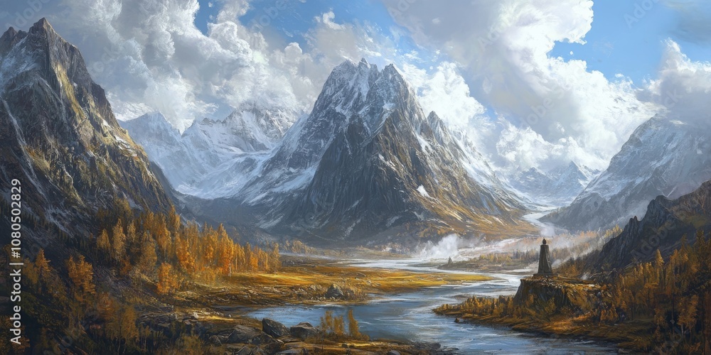 Poster a mountain range with a river running through it. the mountains are covered in snow and the river is