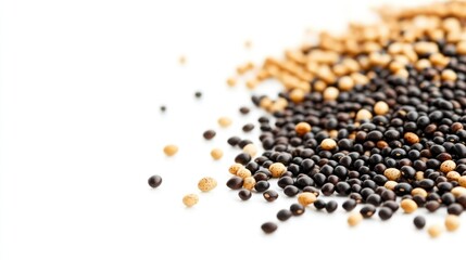 A close-up of various seeds, showcasing their textures and colors on a white background.