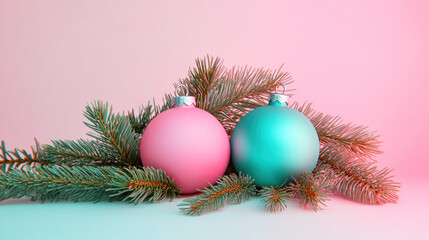 Minimalist arrangement of neon pink and teal baubles with pine needles on a pastel background