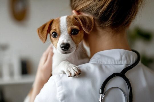A compassionate veterinarian gently holding a small puppy, showcasing their commitment to canine healthcare and the wellbeing of dogs, emphasizing love and care for these beloved animal companions