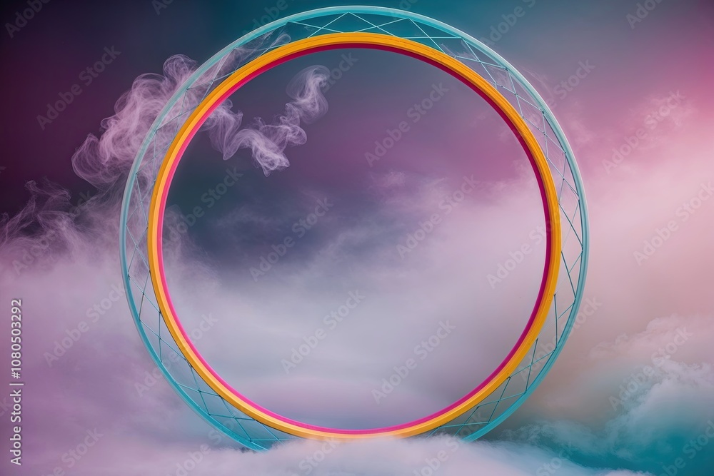 Poster ethereal 3d background of soft mist with colorful geometric circle frame