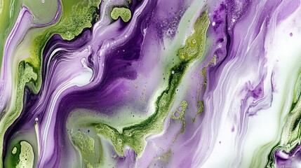 Fototapeta premium Abstract fluid art with swirling purple, green, and white colors creating a vibrant design.