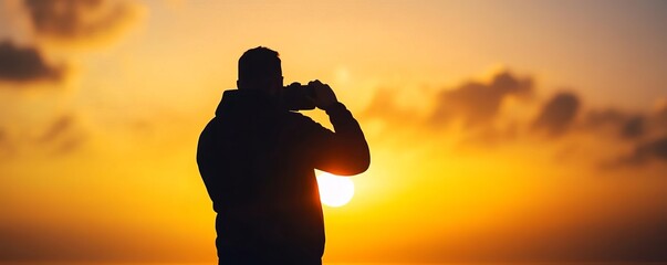 Silhouette of a photographer at sunrise, backlit by golden light, reflective surface capturing the scene