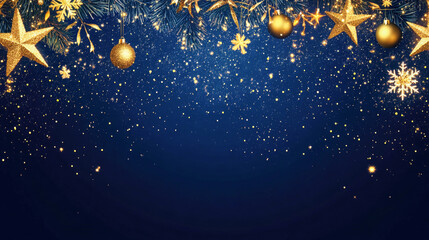 Sparkling golden light particles create a festive Christmas atmosphere on a navy blue background