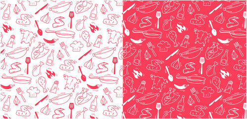 fried chicken doodle red seamless pattern background kitchen cooking restaurant