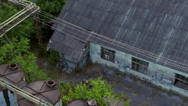 Filming of an old Soviet wine factory, full of vegetation. commercial video.