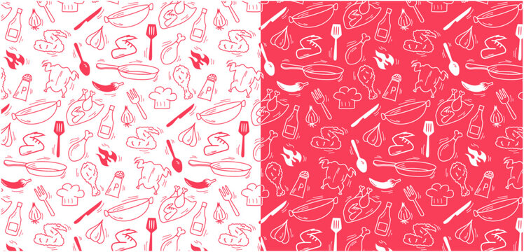 fried chicken doodle red seamless pattern background kitchen cooking restaurant