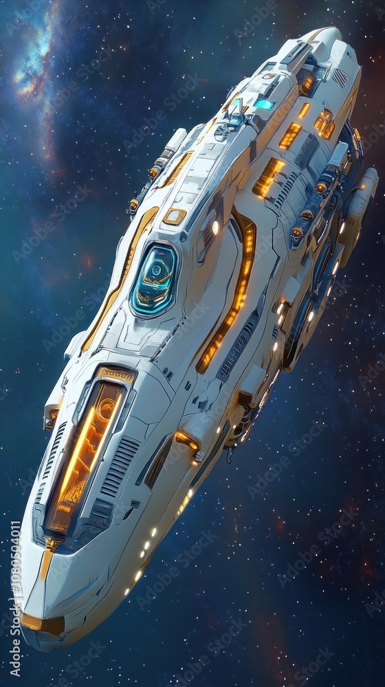 Poster a futuristic spaceship with glowing lights travels through a field of stars in outer space.