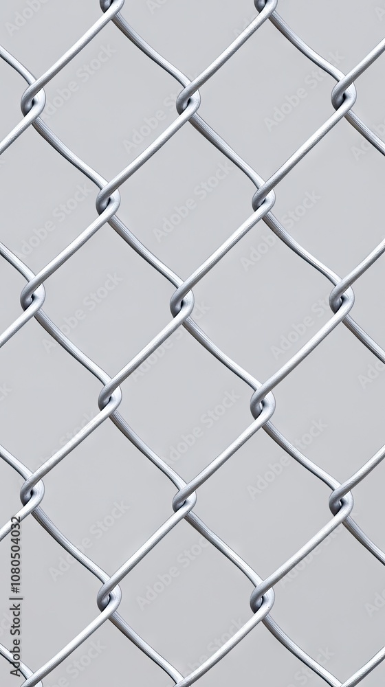 Poster close-up view of a swaying white chain-link fence showcasing intricate metal grids against a softly 