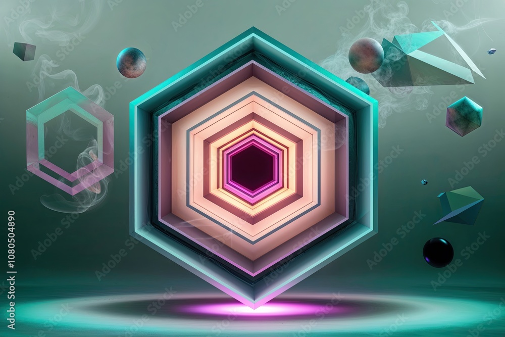 Poster three dimensional hexagonal structure in a soft vapor environment with colorful glow and creative ge