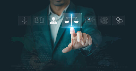 Symbolizing law, justice, AI ethics, or AI Law concept. Developing AI codes of ethics and legal services. business legislation, Notary public, legal advice online, Lawyer