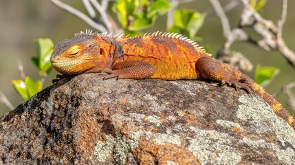 Fototapeta premium A colorful iguana basking on a rock in a natural setting.