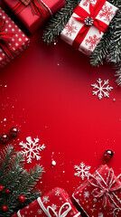 Christmas background with white snowflakes, gifts, and lights on a red color banner for the holiday season promotion or social media post design