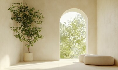 Serene retreat hidden among foliage with modern shapes and gentle fabrics. Soft hues evoke tranquility, fostering a cozy space. 3D visualization.