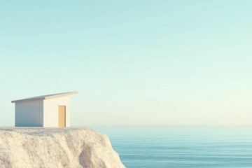 Fototapeta premium Adventure hideaway perched on a sandy beach with uncomplicated forms. Gentle colors highlight simplicity and peacefulness. 3D illustration.