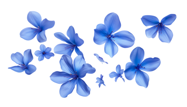 flying blue petals isolated on transparent background cutout