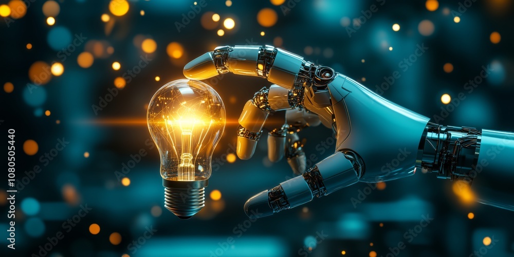 Poster The Intersection of Technology and Innovation A Sophisticated Robotic Hand Grasping a Bright Light Bulb, Symbolizing the Fusion of Advanced Engineering and Creative Design for a Brighter Future