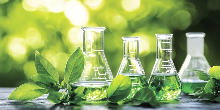 Illustration of organic compounds with plant-based origins, beakers and leaves for a green chemistry theme