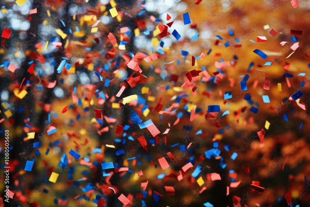 Poster vibrant 3d projection of colorful confetti emanating from abstract trees in autumnal scene
