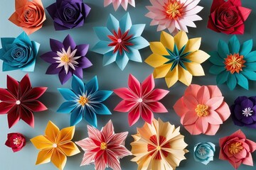 Obraz premium Vibrant Handcrafted Paper Flowers and Detailed Origami Blossoms in Stunning Colors