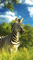 A zebra stands gracefully in a lush green field under a bright blue sky.