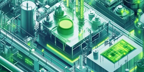 Illustration of sustainable chemical manufacturing, efficient machinery and green labeling, eco-conscious focus