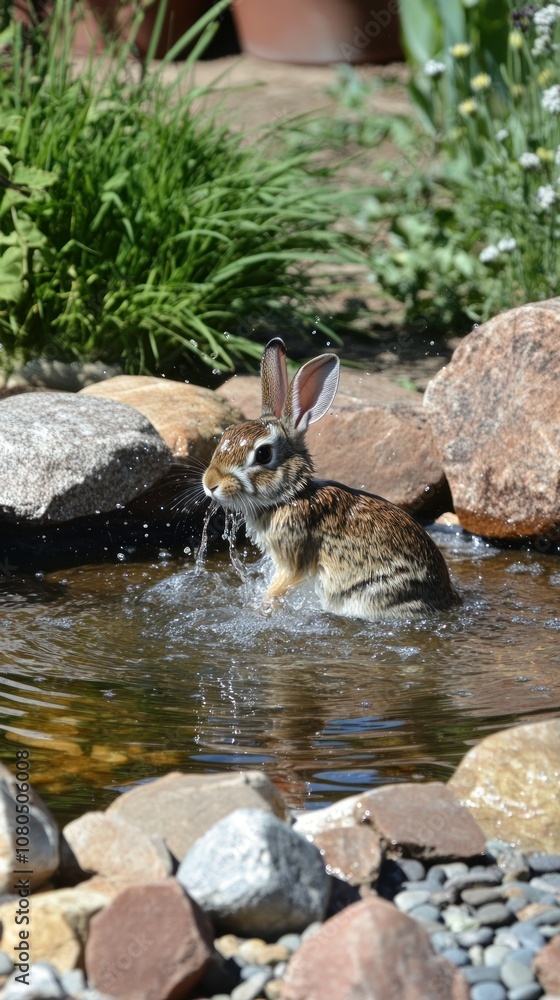 Poster a rabbit splashes in a pond surrounded by rocks and greenery.