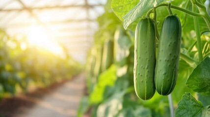 Fresh cucumbers growing in a sunlit greenhouse
