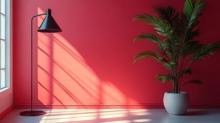 Cozy interior with a red wall, lamp, and potted plant.