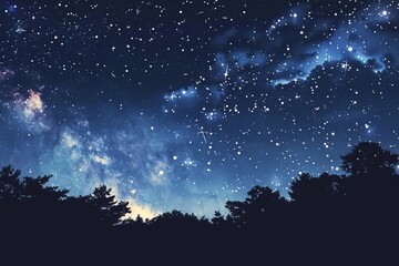 A starry night sky with a few trees in the background. The sky is dark and the stars are shining brightly