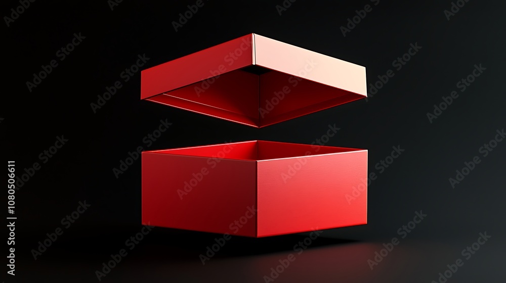 Poster vibrant red open box floating above a solid black background showcasing minimalist design and modern